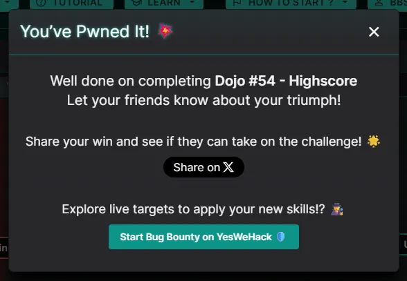 The "You've Pwned It!" popup confirming Dojo #54 Highscore was completed